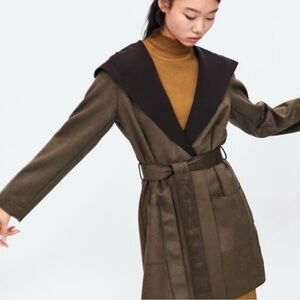 Zara Basic Faux Suede Brown Hooded Belted Jacket Size M
